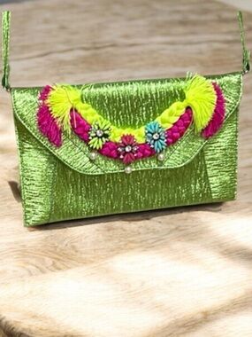 Iris Lane Green and Pink Floral Rhinestone Embellished Women's Clutch Bag
